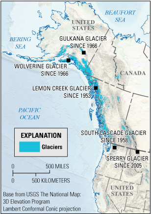 Map with locations of USGS Benchmark glaciers and outlines of glacierized regions
in northwestern North America.